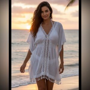 Time and Tru White Lace Trim Swim Coverup